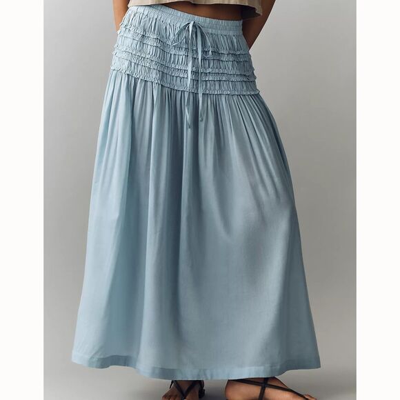 Anthropologie Dresses & Skirts - By Anthropologie Smocked Drawstring Midi Skirt Ruffle Tiered Pull-On L 291635